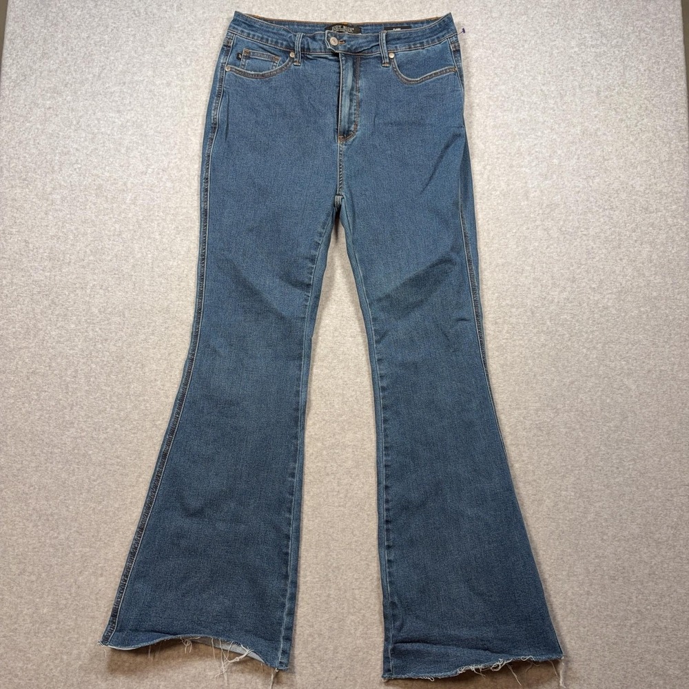 Judy Blue Jeans Womens 15/32 Medium Wash Blue High Rise Flare Raw Hem Stretch